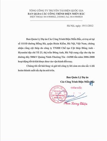 Letter of Certificate Northern Vietnam Power Projects Management Board